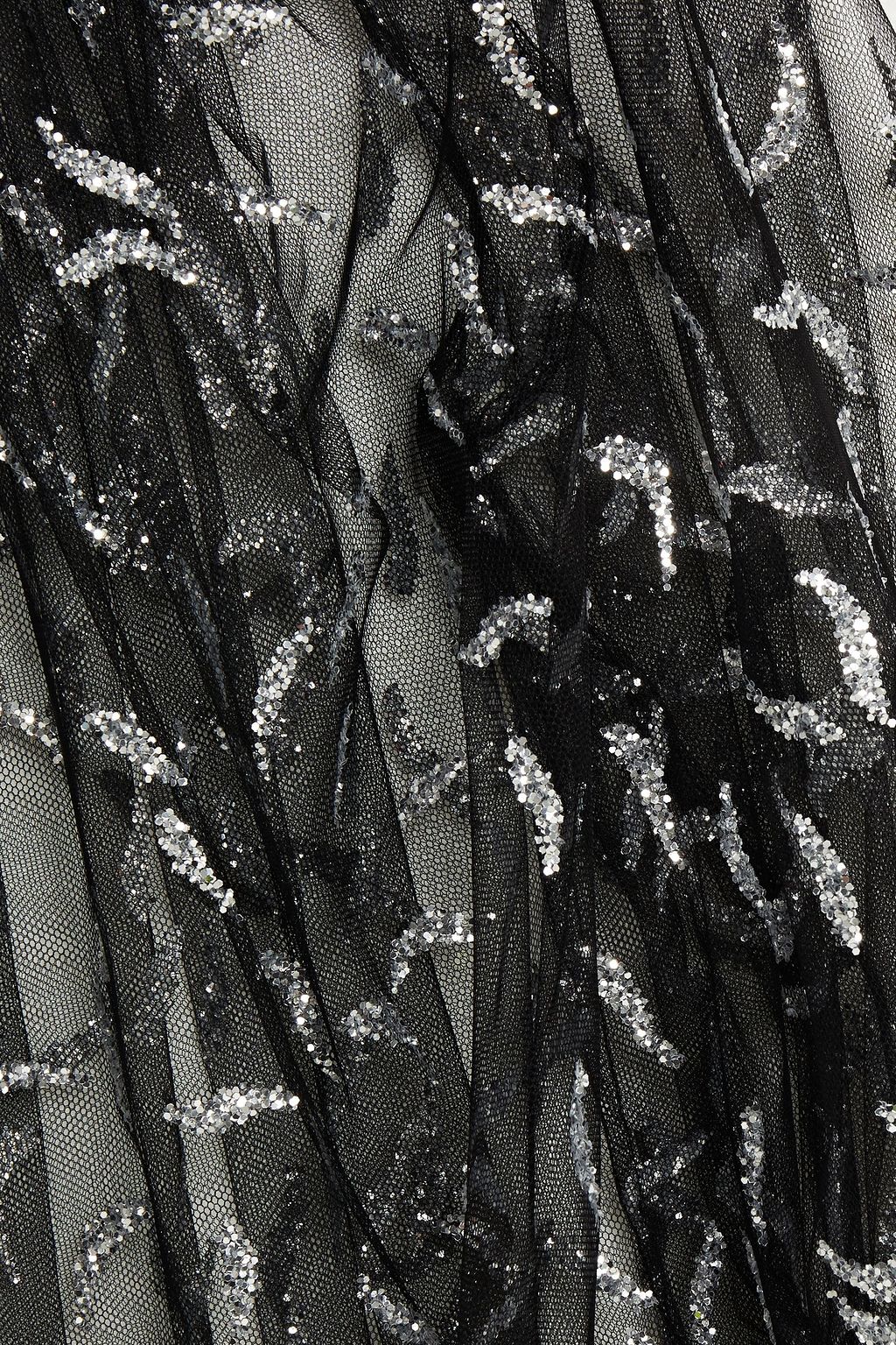 REDEMPTION Gathered glitter-embellished stretch-tulle blouse