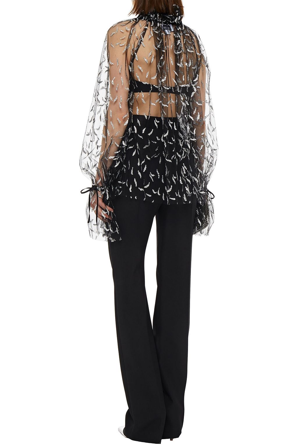 REDEMPTION Gathered glitter-embellished stretch-tulle blouse