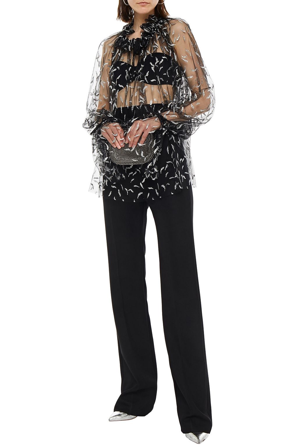 REDEMPTION Gathered glitter-embellished stretch-tulle blouse
