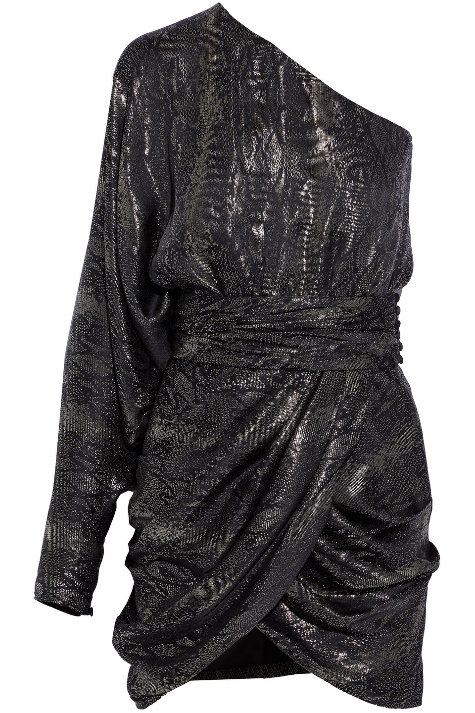 One-shoulder draped metallic silk-blend jacquard mini dress