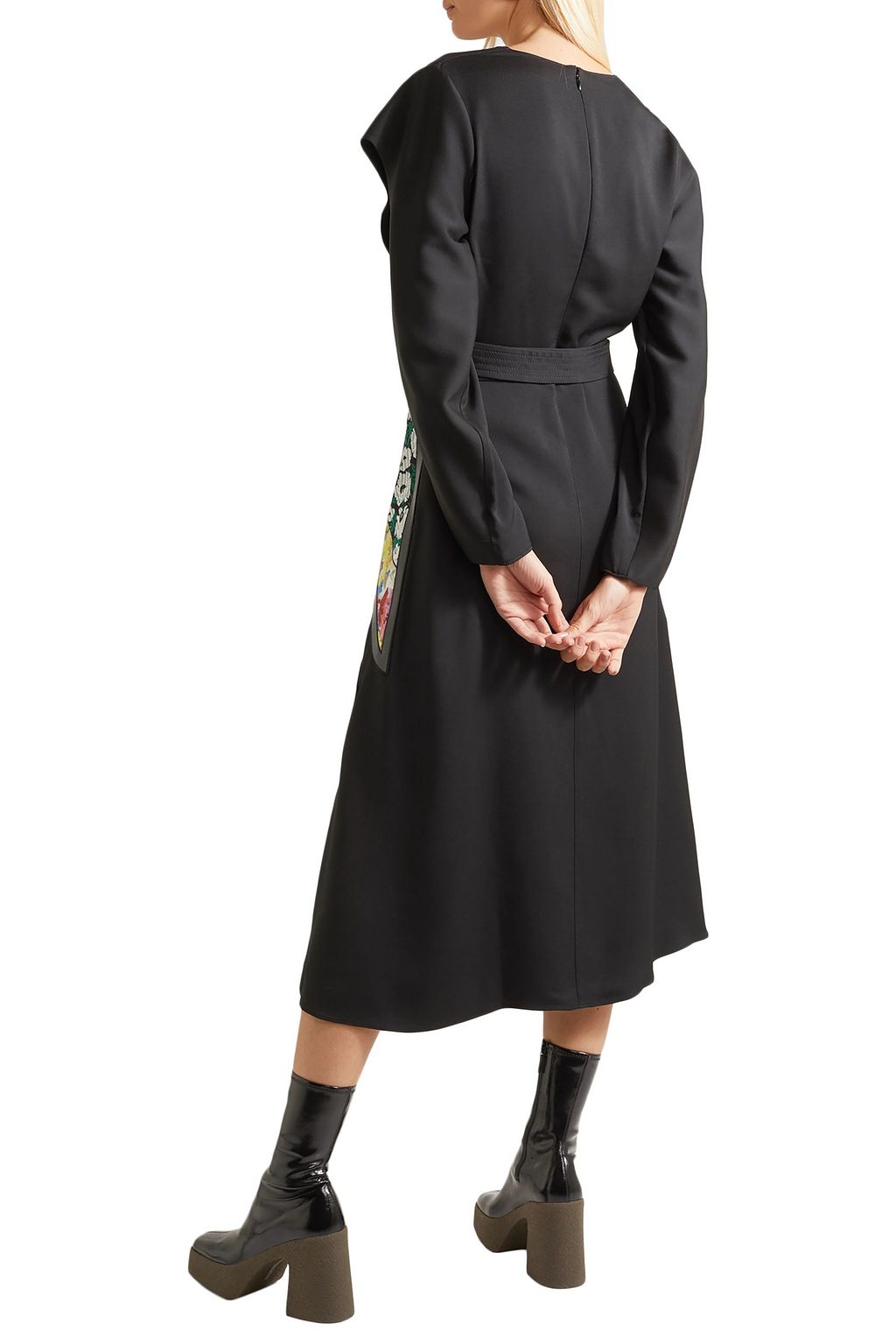 STELLA MCCARTNEY Silk-trimmed paneled snake-effect vegan leather and twill midi dress