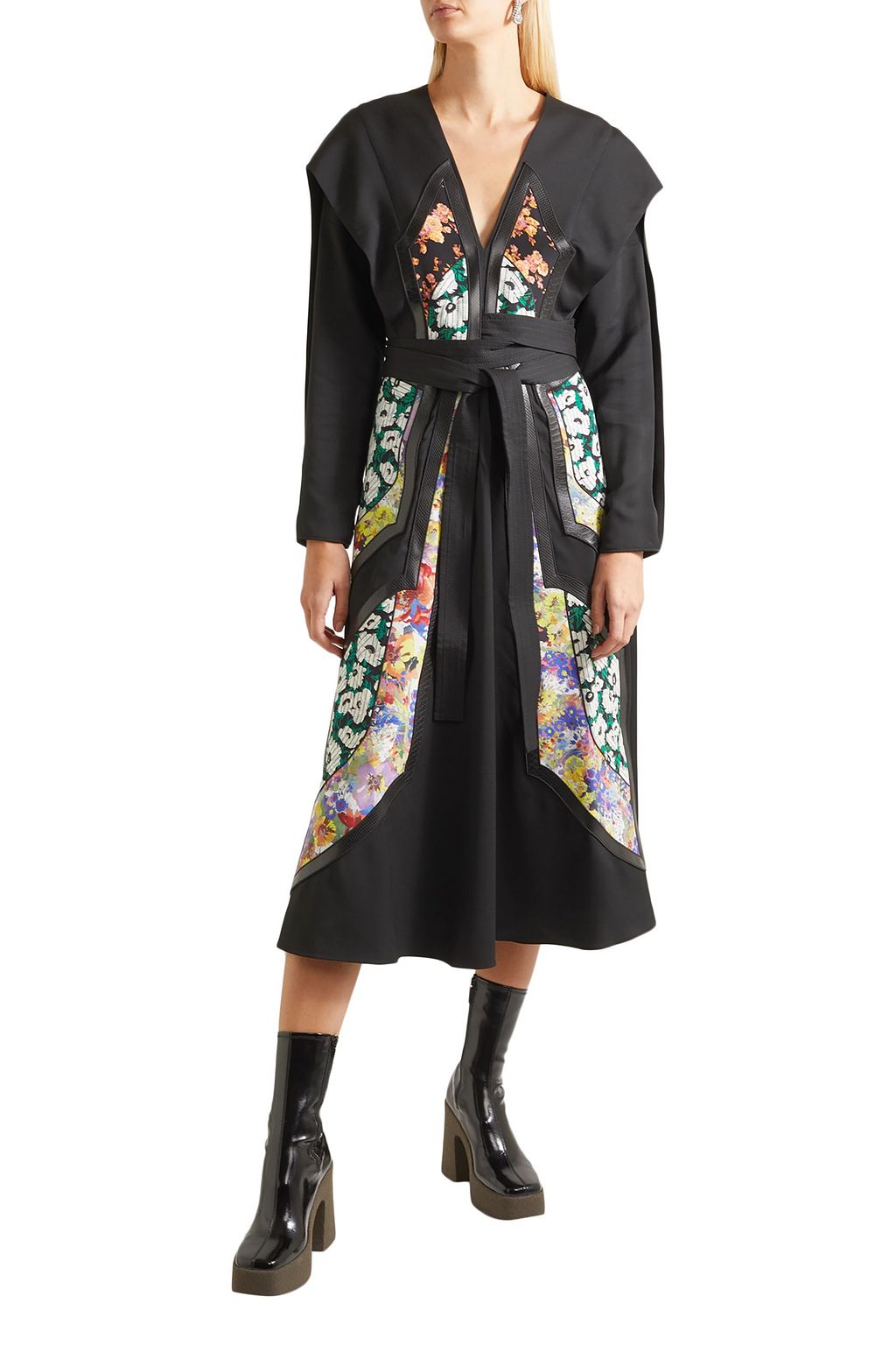 STELLA MCCARTNEY Silk-trimmed paneled snake-effect vegan leather and twill midi dress