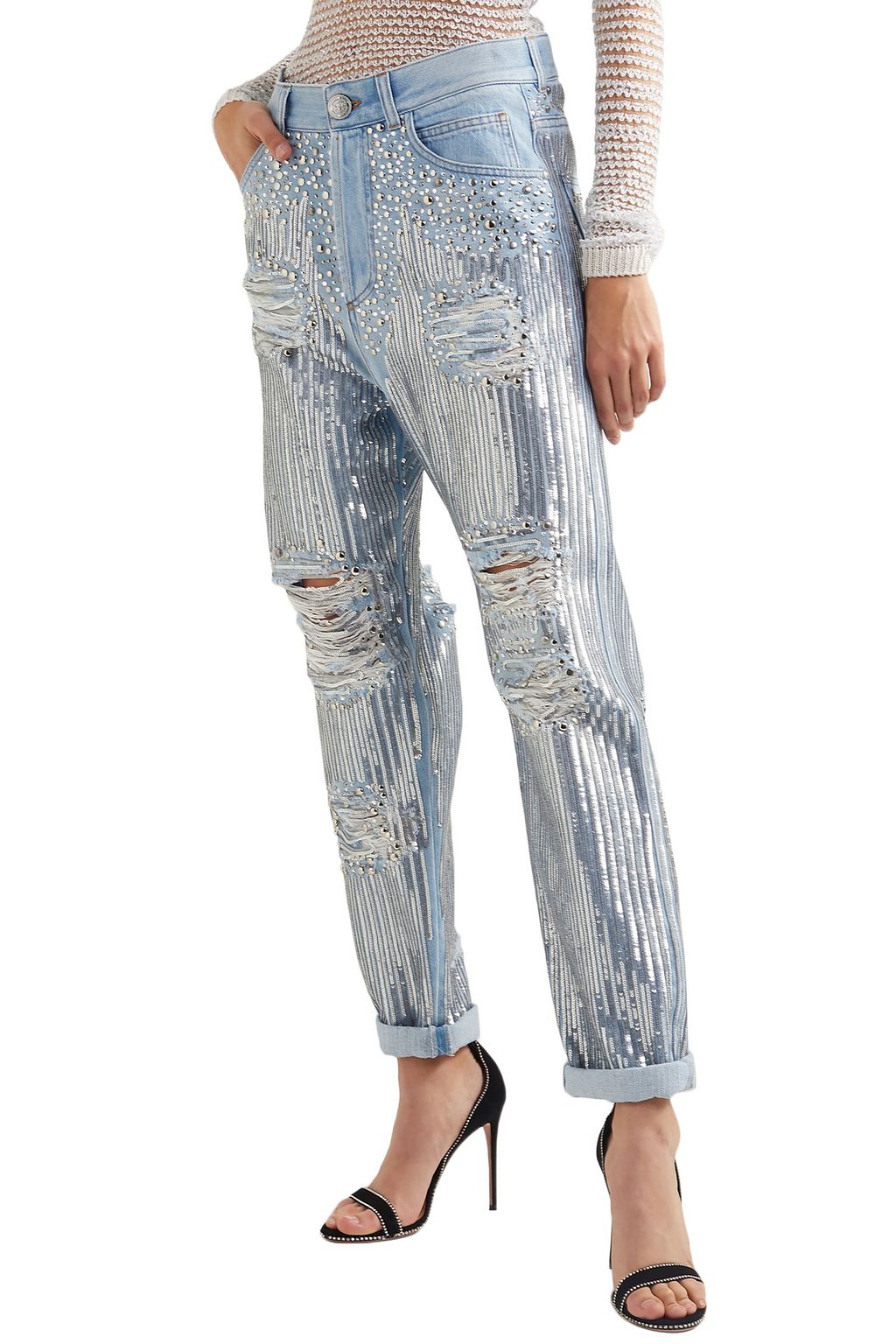 BALMAIN Embellished distressed boyfriend jeans