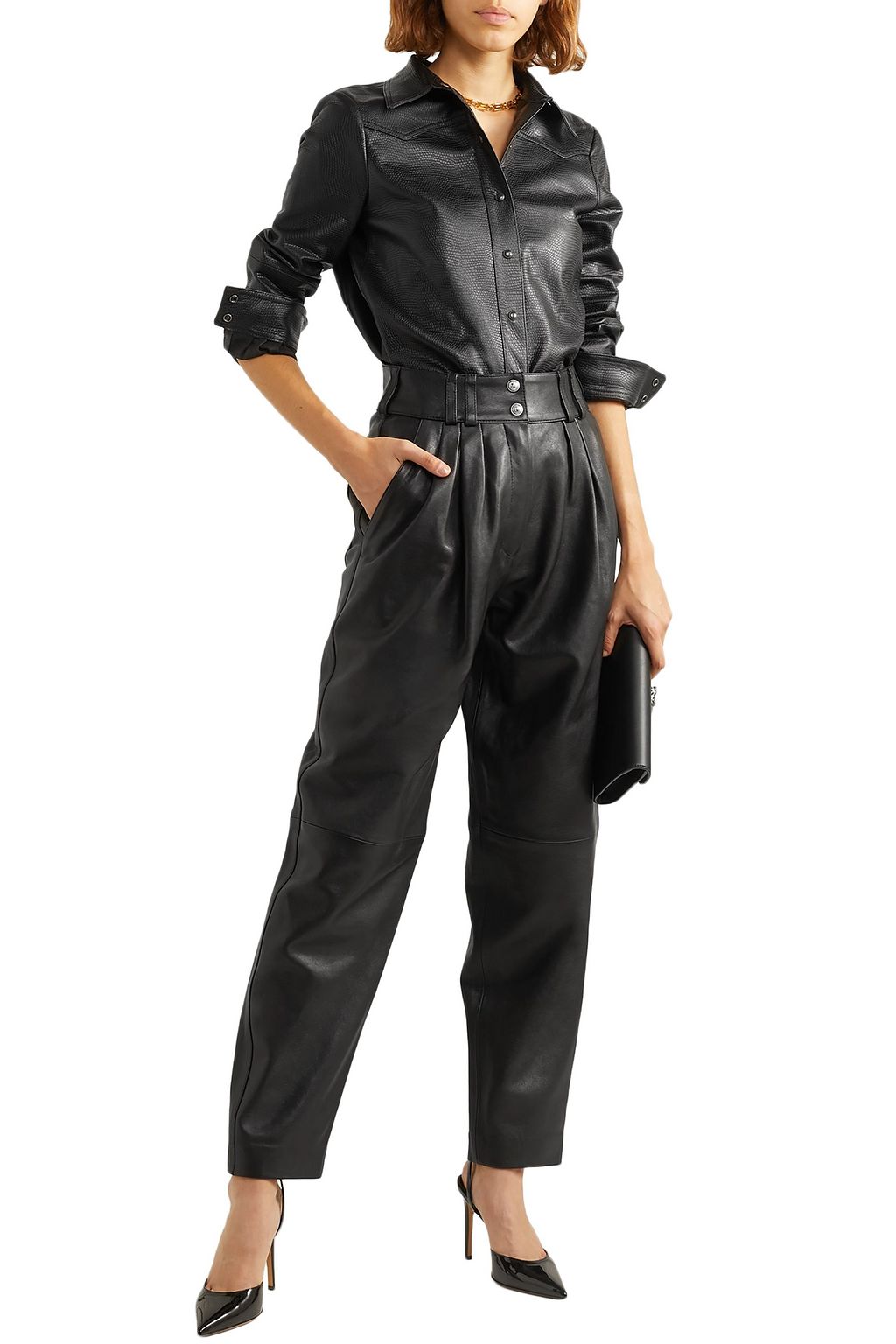 BALMAIN Pleated leather tapered pants