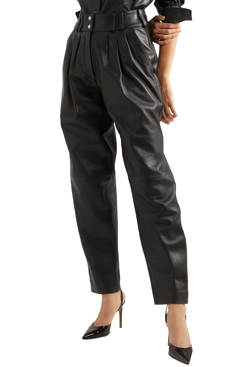 BALMAIN Pleated leather tapered pants