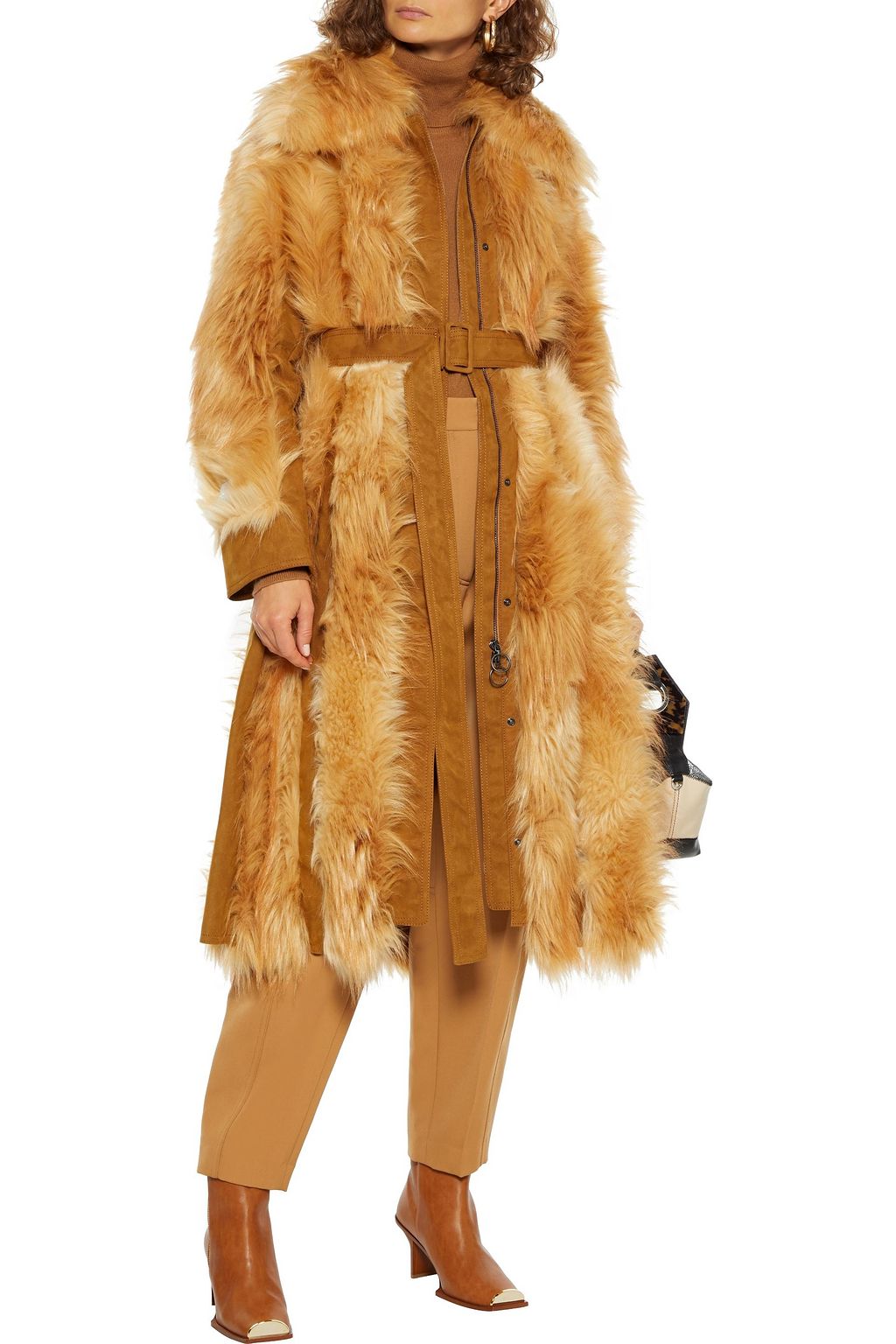 STELLA MCCARTNEY Belted paneled faux fur and suede coat