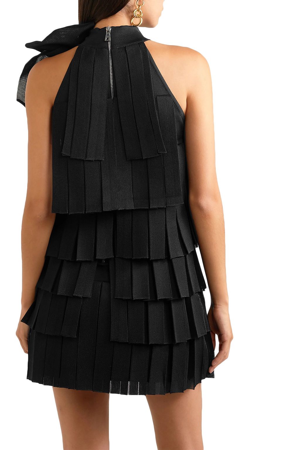 BALMAIN Bow-embellished pleated knitted mini dress