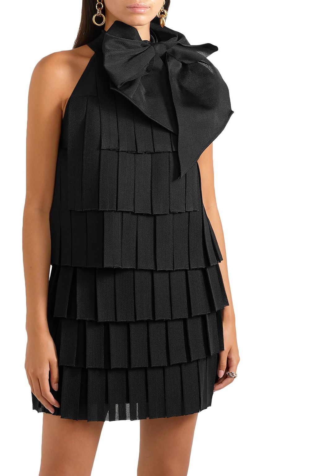 BALMAIN Bow-embellished pleated knitted mini dress