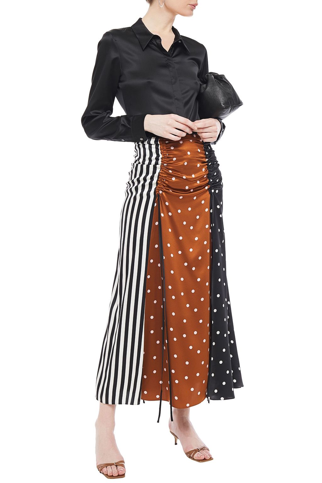 LEE MATHEWS Mae paneled ruched printed silk-satin midi skirt