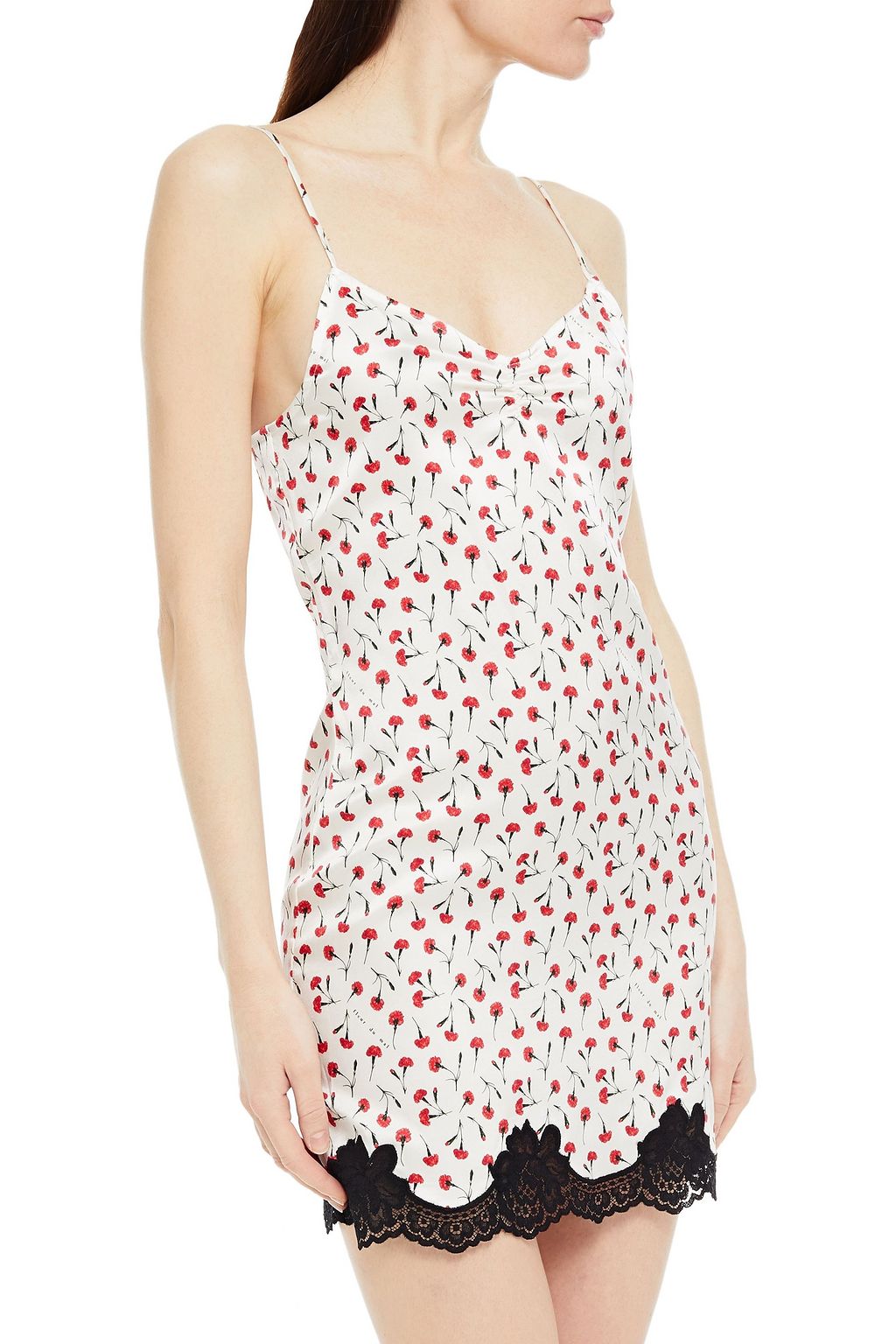 FLEUR DU MAL Lace-trimmed floral-print silk-blend chemise