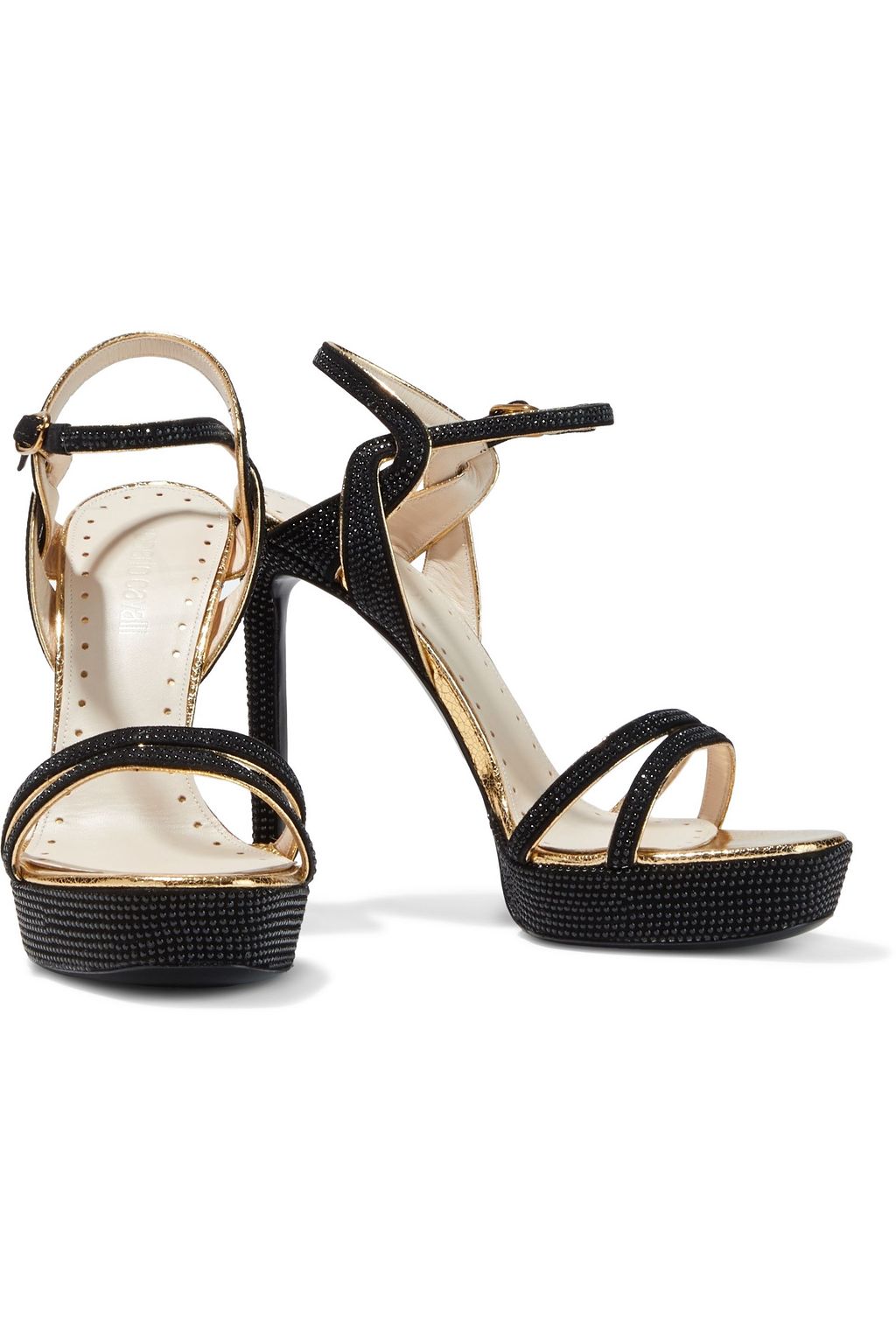 ROBERTO CAVALLI Crystal-embellished suede platform sandals