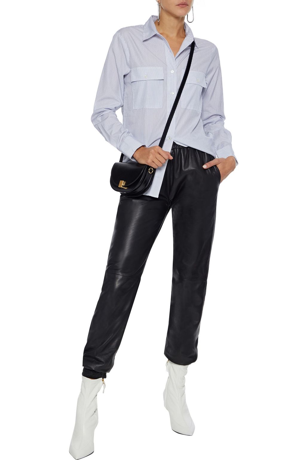 STATESIDE Ruched jersey-paneled striped cotton-broadcloth shirt