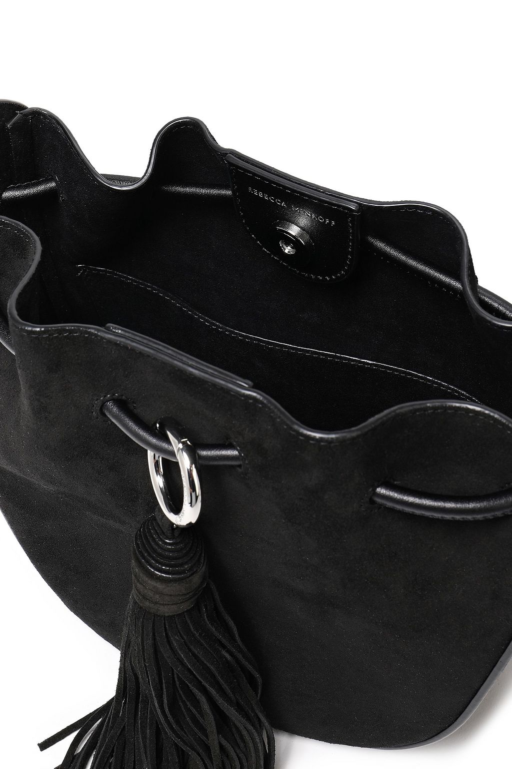 REBECCA MINKOFF Tasseled suede and leather-paneled bucket bag