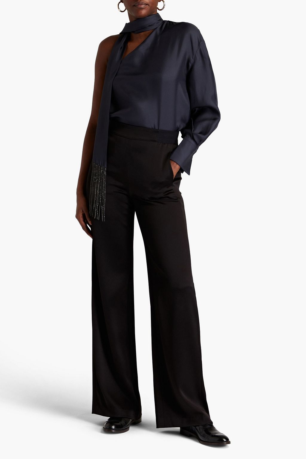 BRUNELLO CUCINELLI 원 슬리브 장식 디테일 실크 트윌 탑