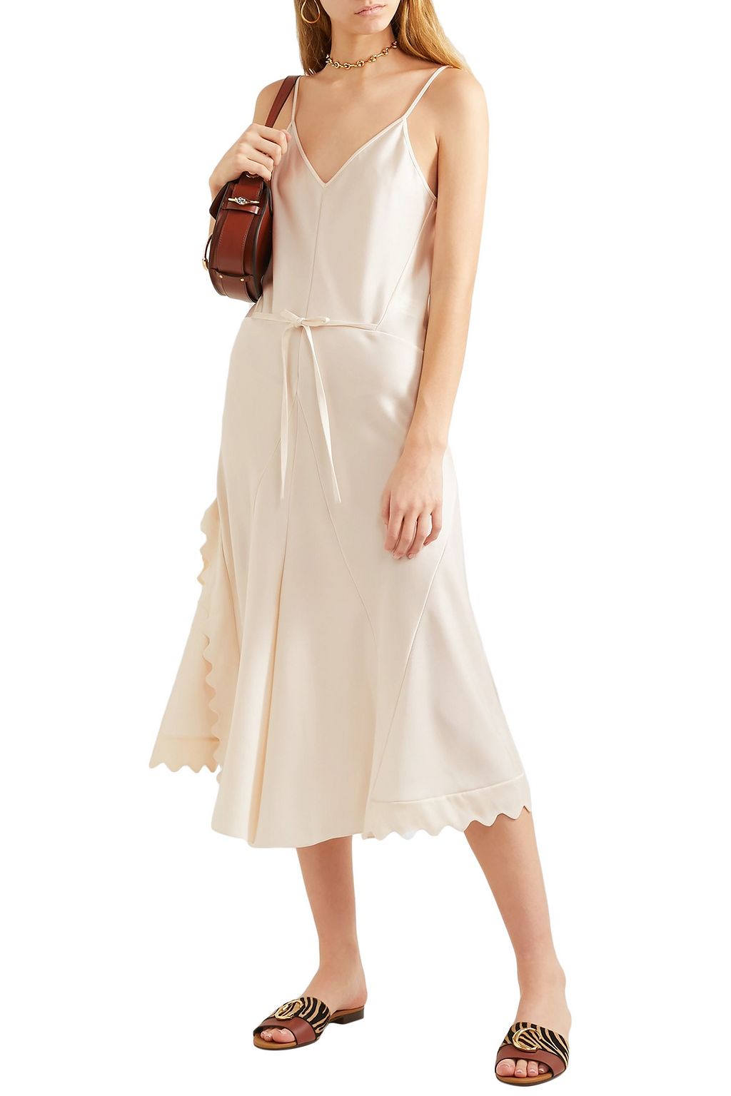 CHLOÉ Tie-front scalloped satin-crepe midi slip dress