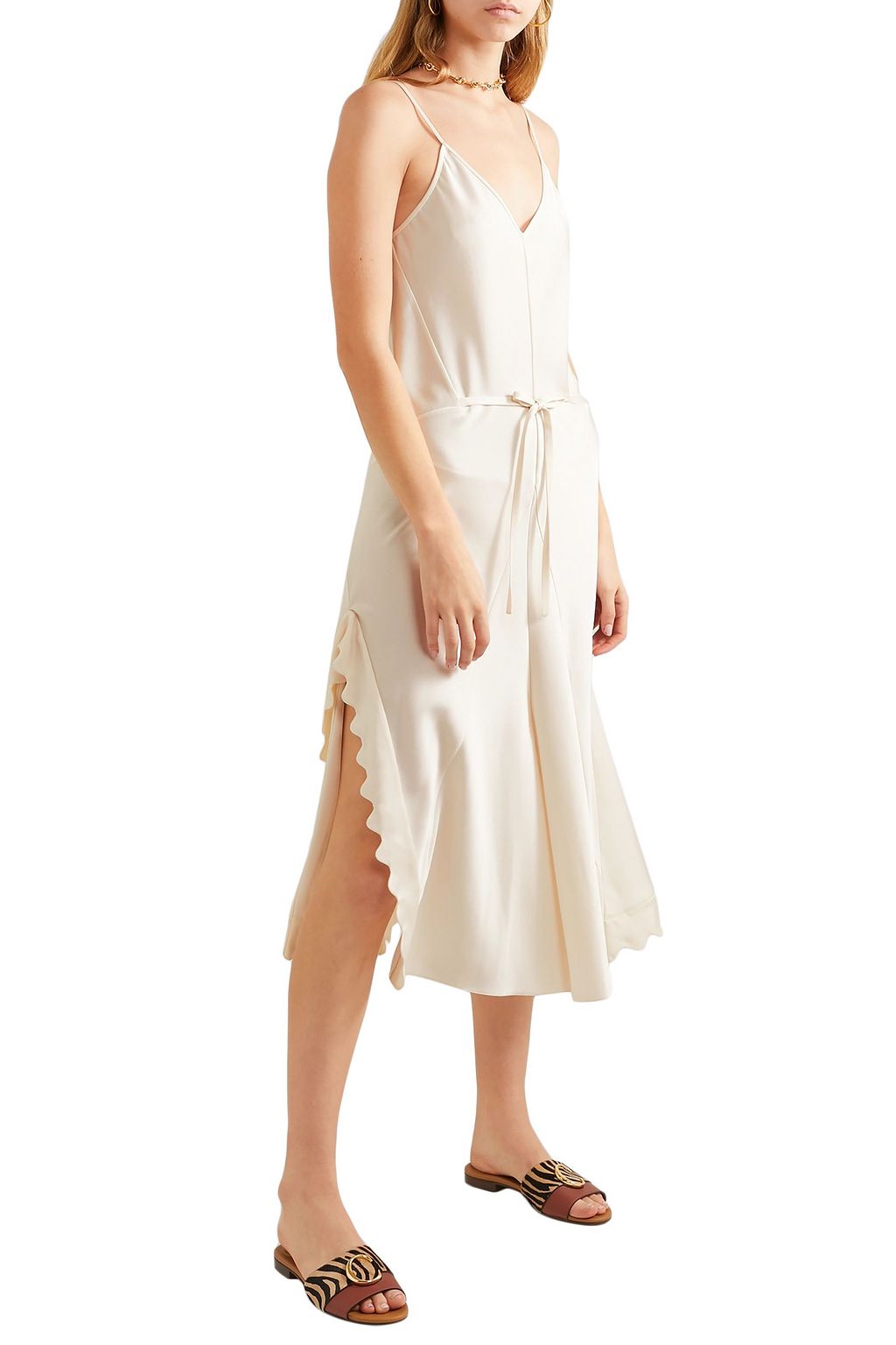 CHLOÉ Tie-front scalloped satin-crepe midi slip dress