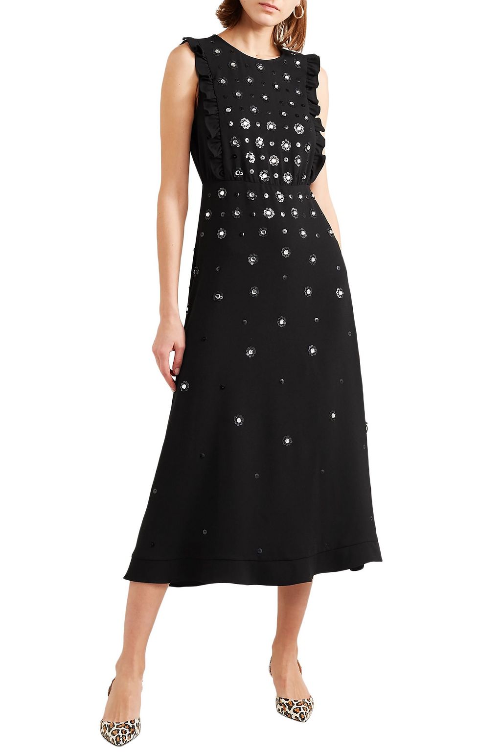 REDVALENTINO Embellished ruffled crepe midi dress
