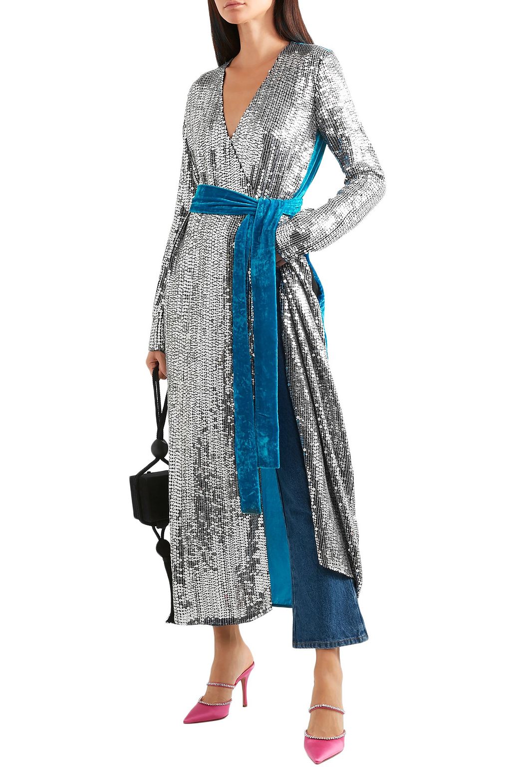 THE ATTICO Paneled sequined crepe and velvet midi wrap dress