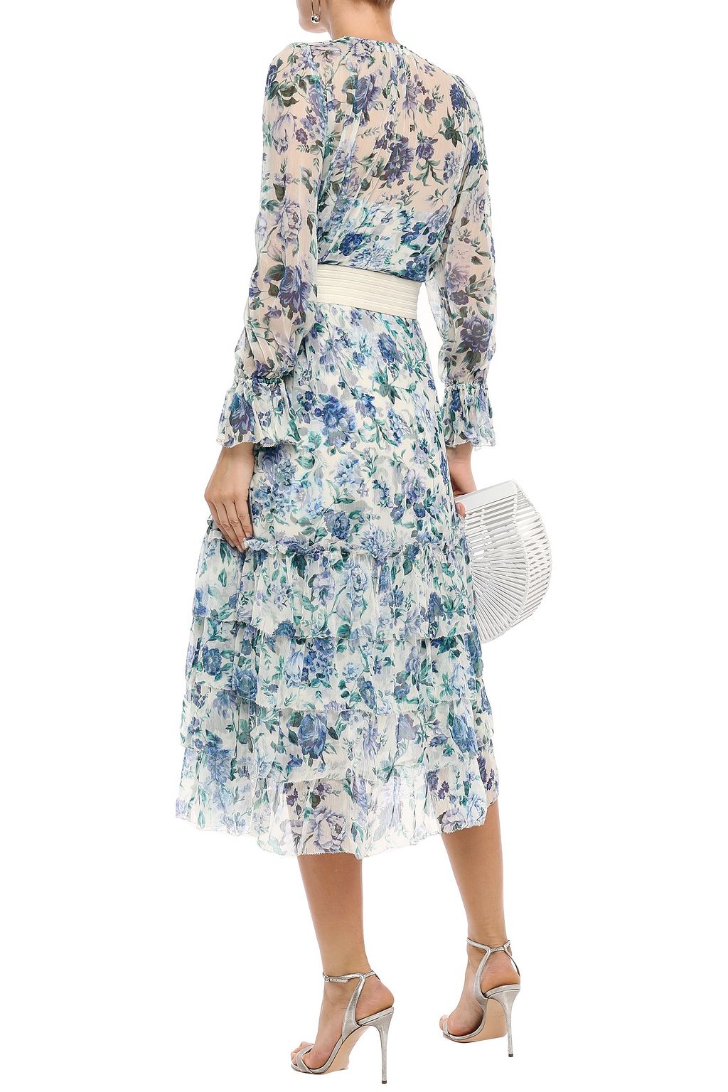 Light blue Belted tiered floral-print silk-crepon midi dress | Sale up