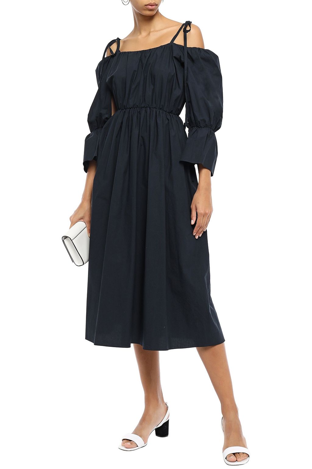 GOEN.J Cold-shoulder bow-detailed ruffled cotton-poplin midi dress