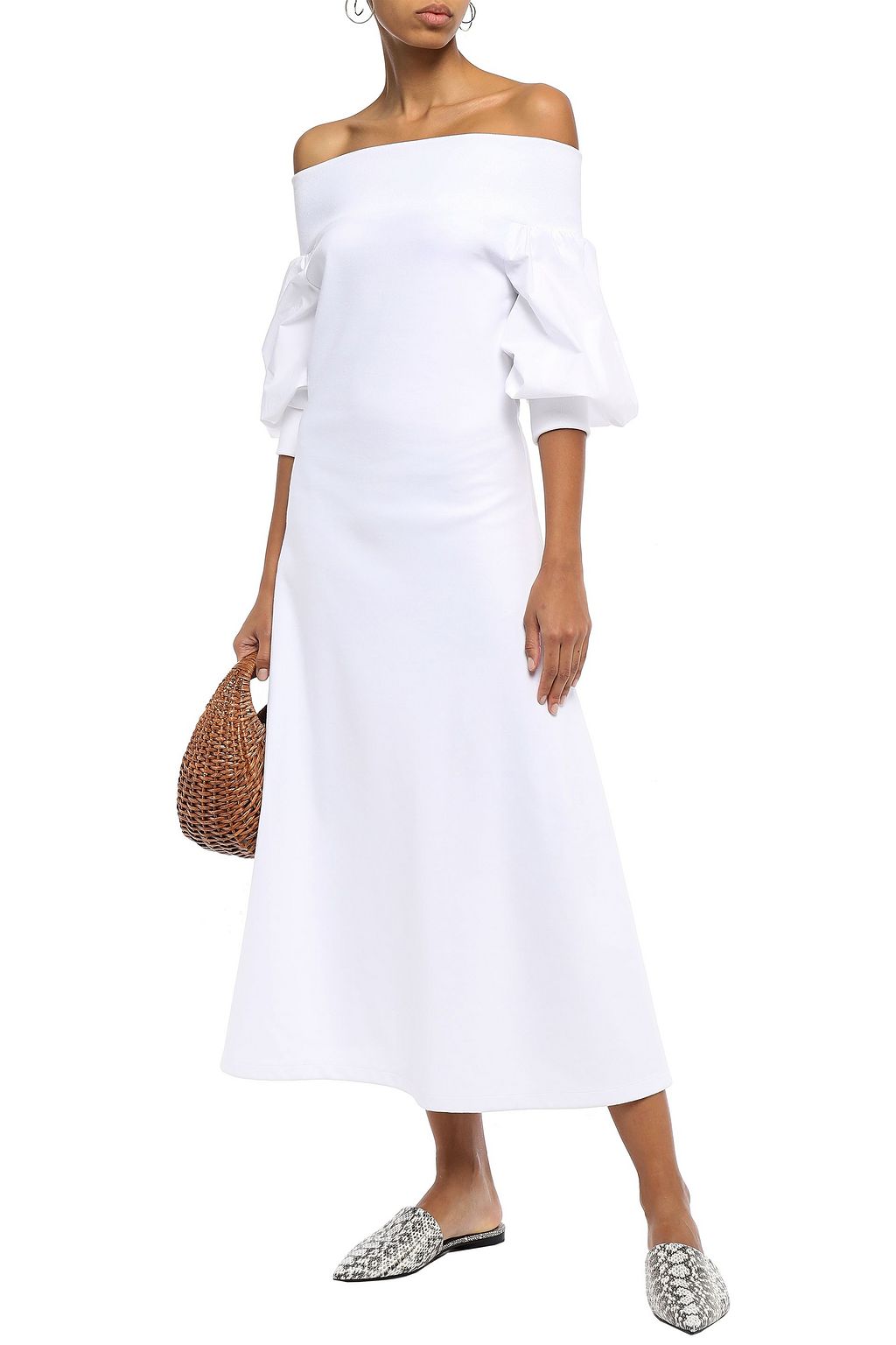 GOEN.J Off-the-shoulder cotton-jersey and poplin midi dress
