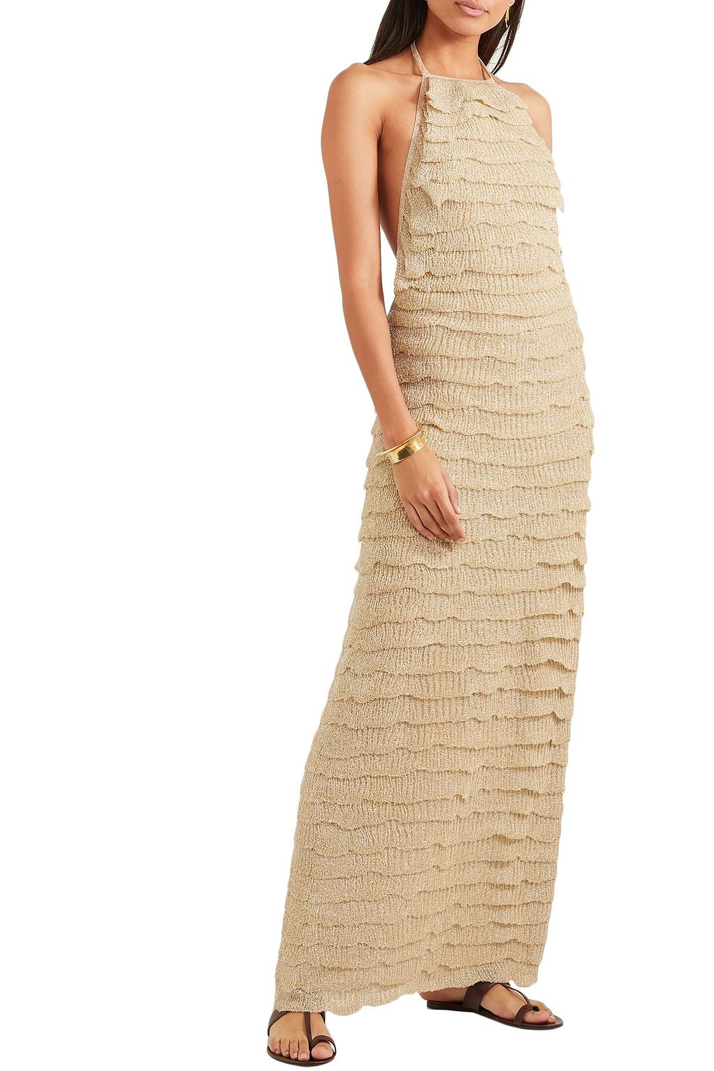 MISSONI Tiered metallic crochet-knit halterneck maxi dress
