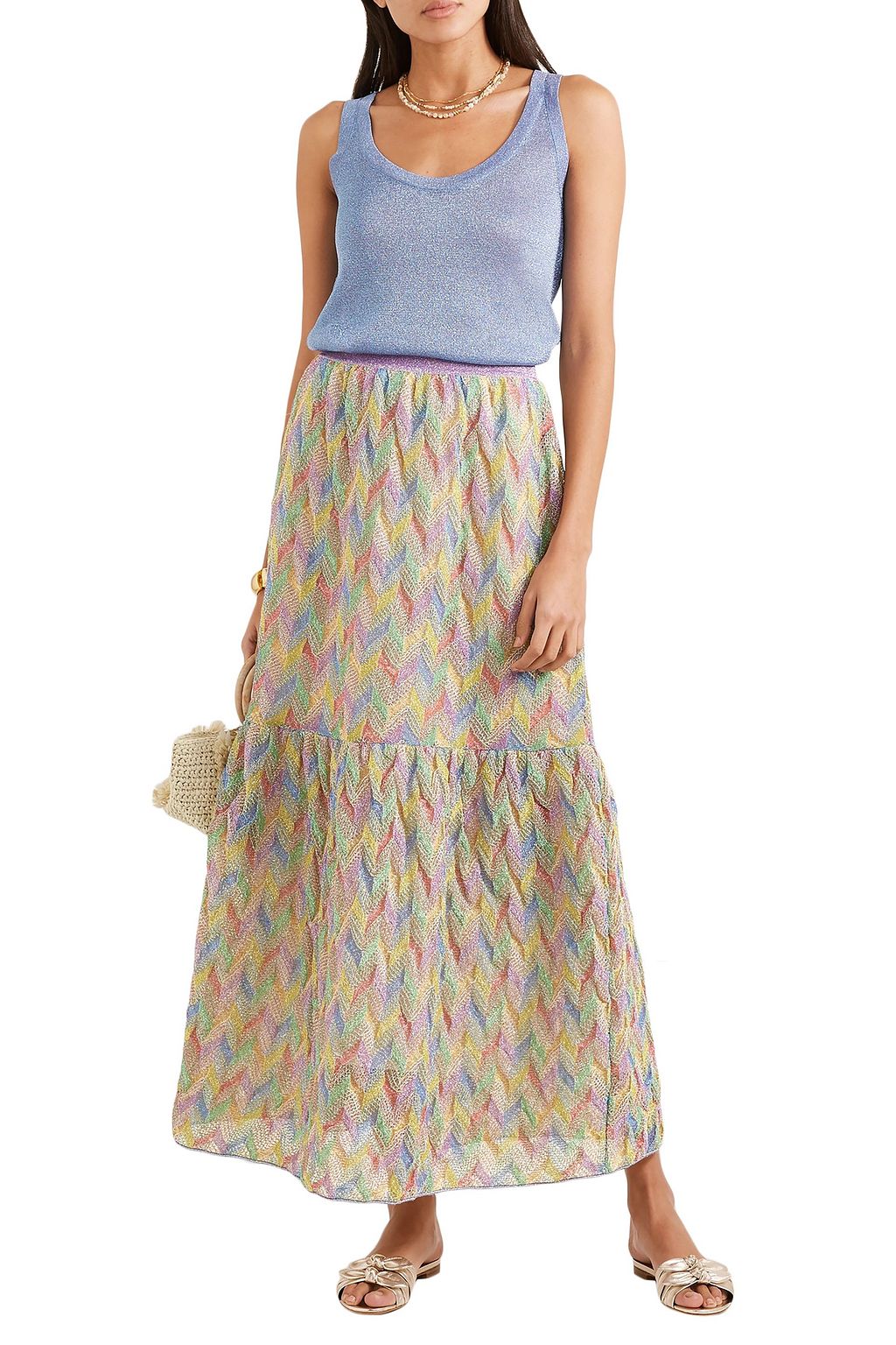 MISSONI Flared metallic crochet-knit maxi skirt