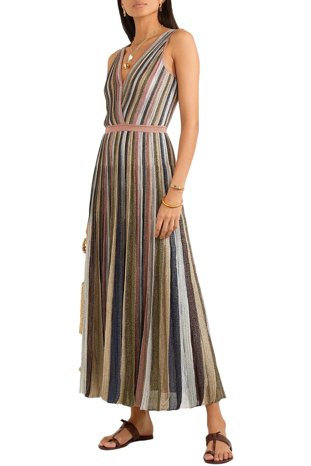 MISSONI Wrap-effect pleated metallic striped maxi dress