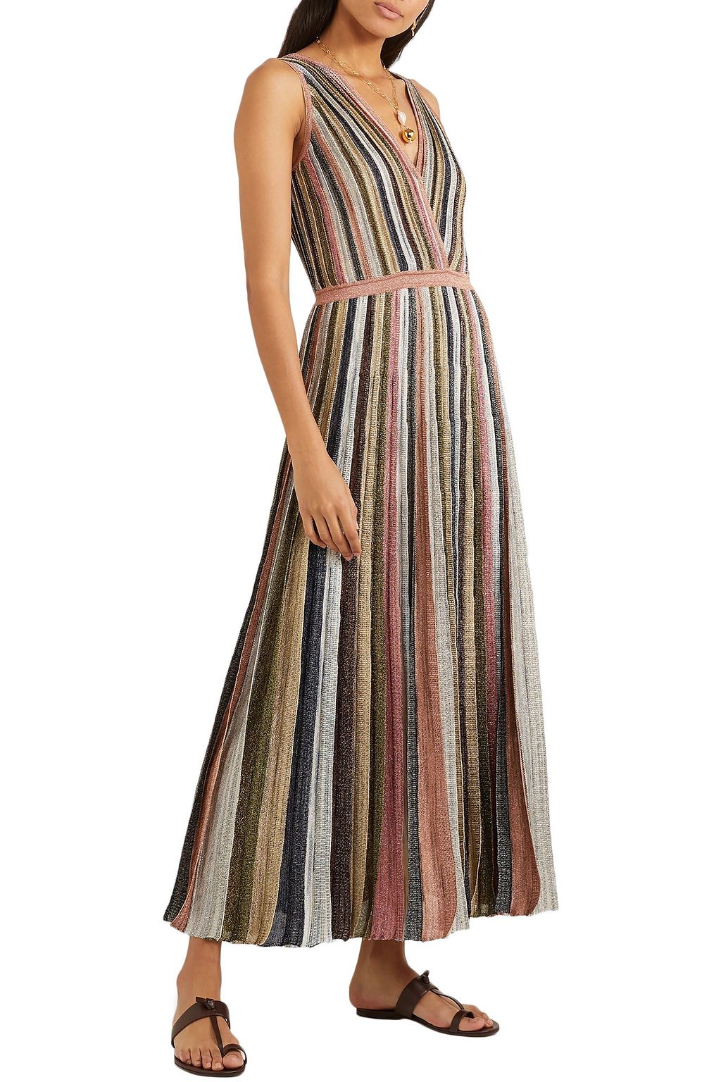 MISSONI Wrap-effect pleated metallic striped maxi dress