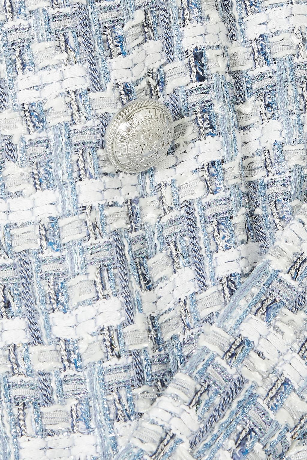 BALMAIN Button-embellished fringed metallic tweed cardigan