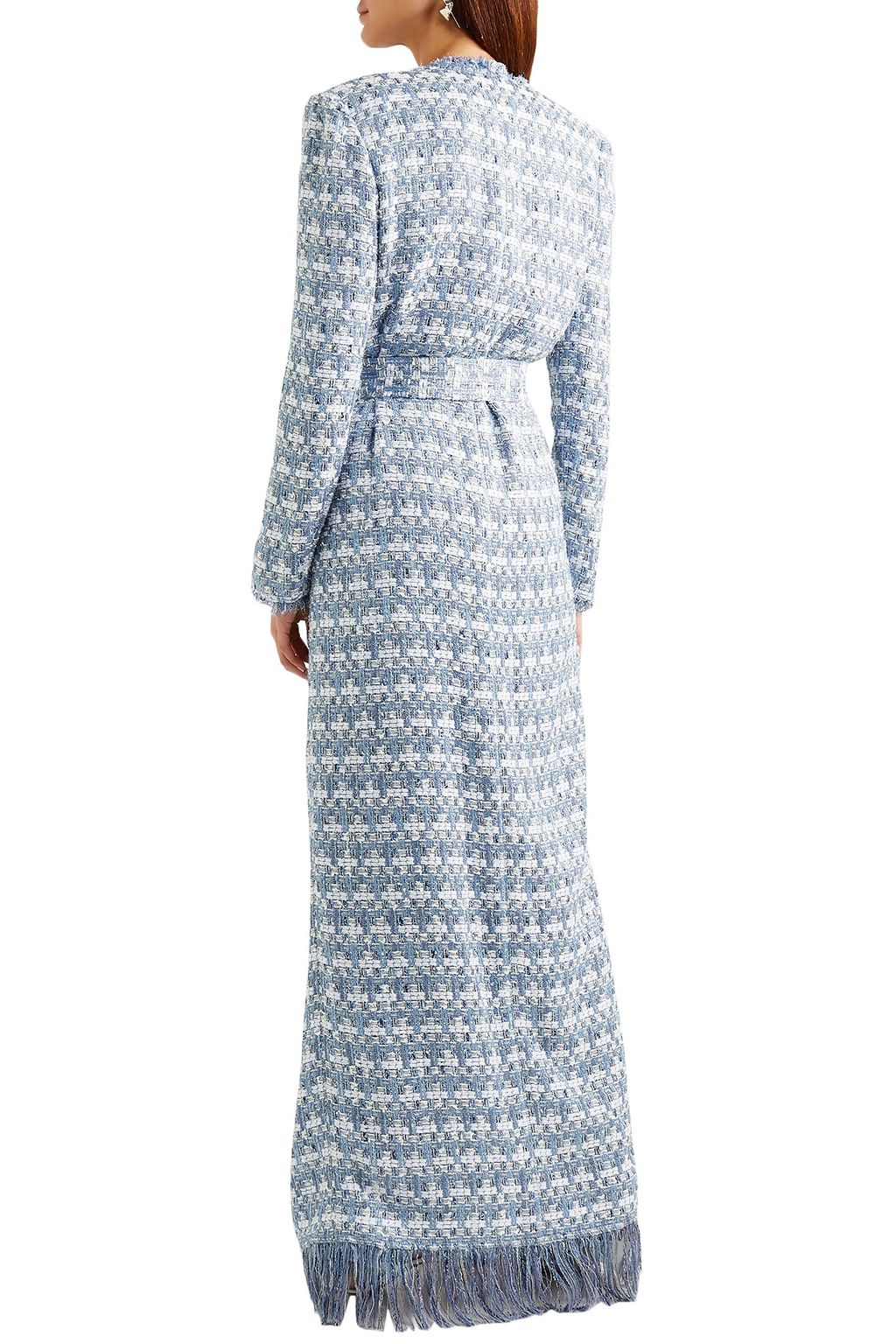 BALMAIN Button-embellished fringed metallic tweed cardigan