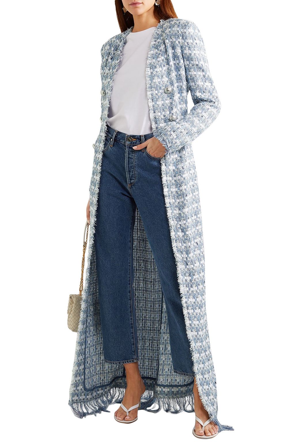 BALMAIN Button-embellished fringed metallic tweed cardigan