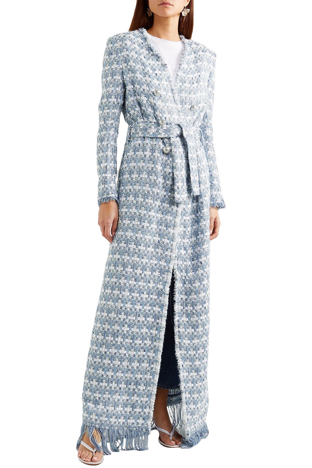 BALMAIN Button-embellished fringed metallic tweed cardigan