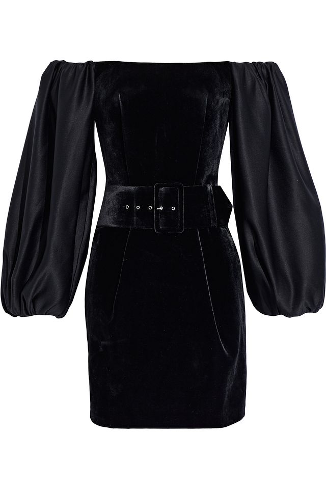 Off-the-shoulder belted satin-paneled velvet mini dress