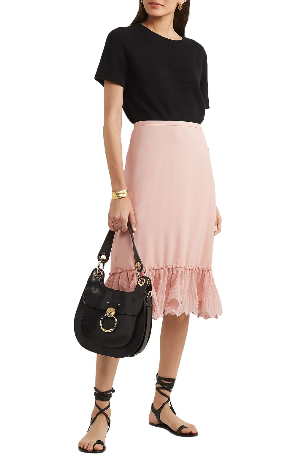 SEE BY CHLOÉ Fluted broderie anglaise-trimmed georgette skirt