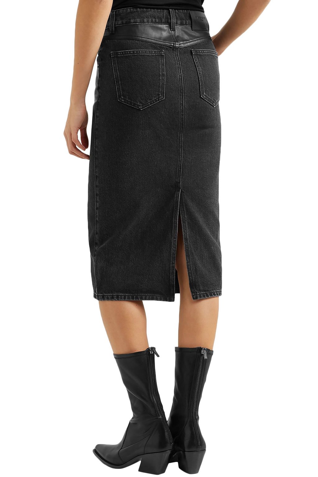 GIVENCHY Leather-paneled denim midi skirt