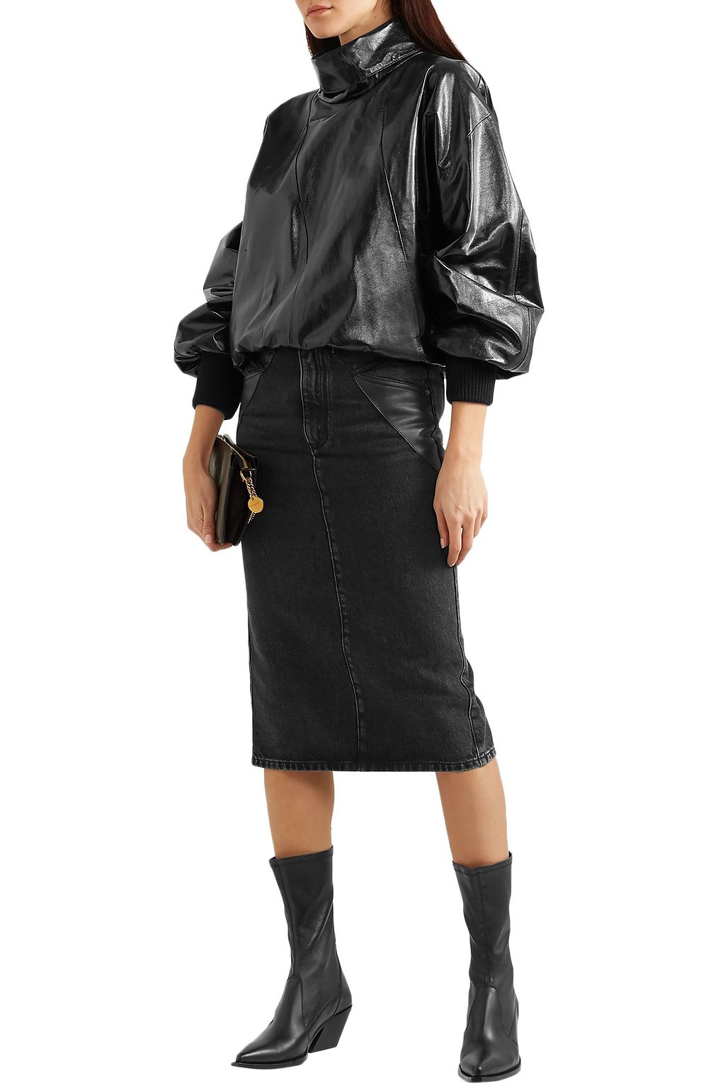GIVENCHY Leather-paneled denim midi skirt
