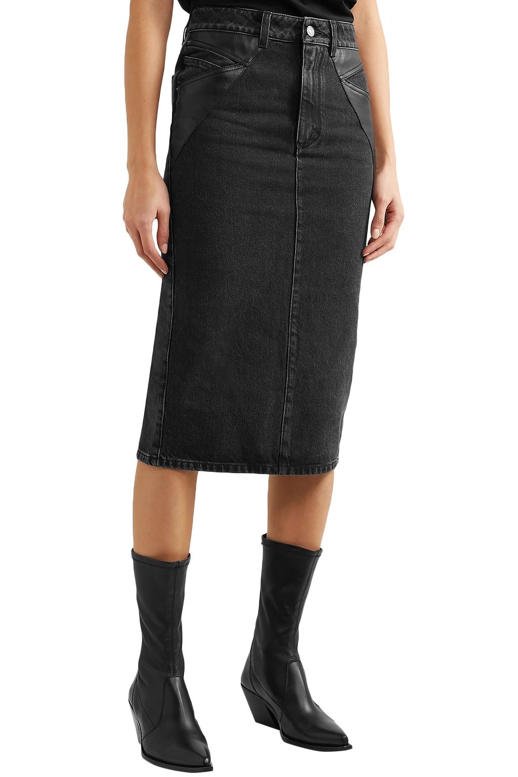 GIVENCHY Leather-paneled denim midi skirt