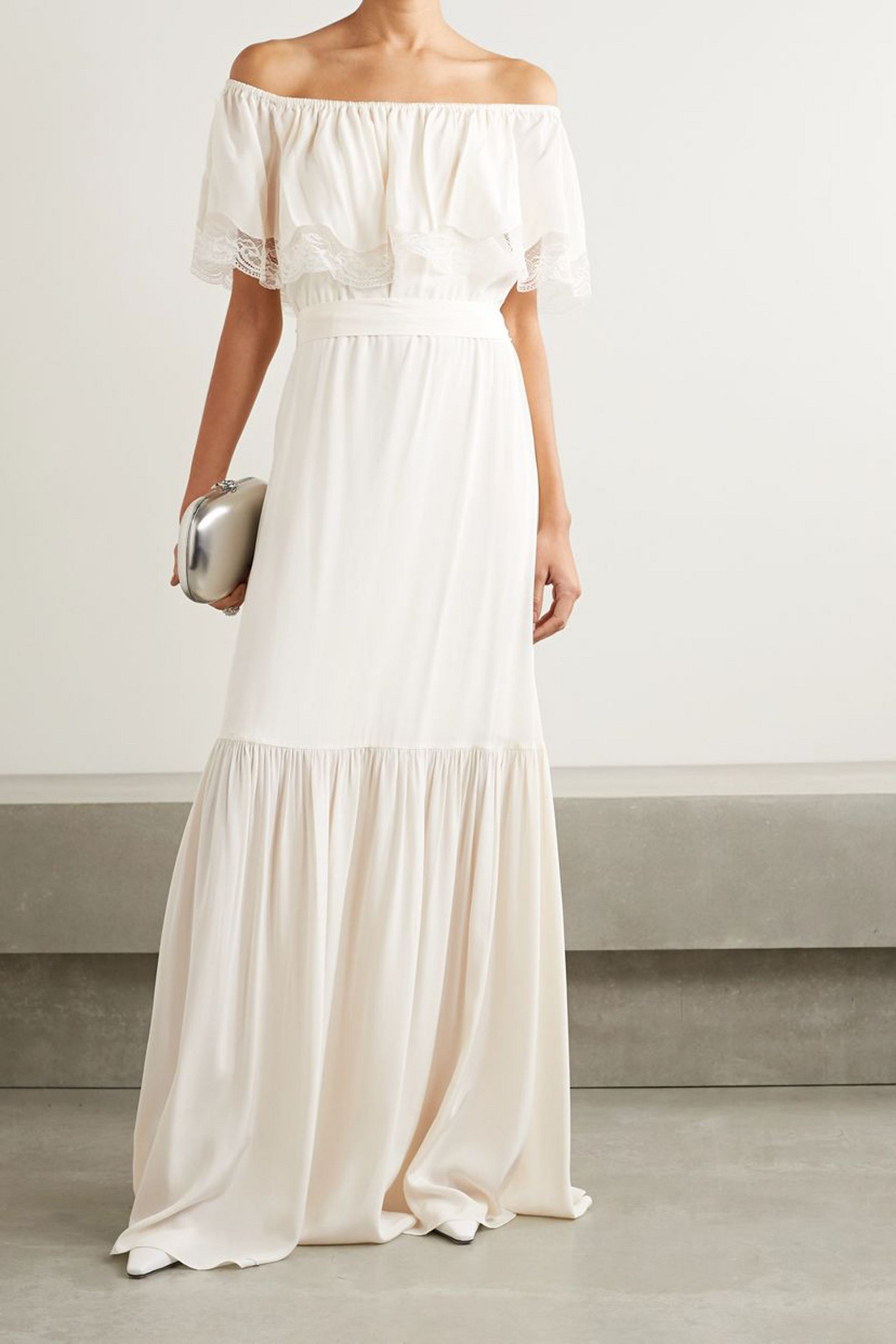 TEMPERLEY LONDON Felicity off-the-shoulder lace-trimmed silk crepe de chine gown