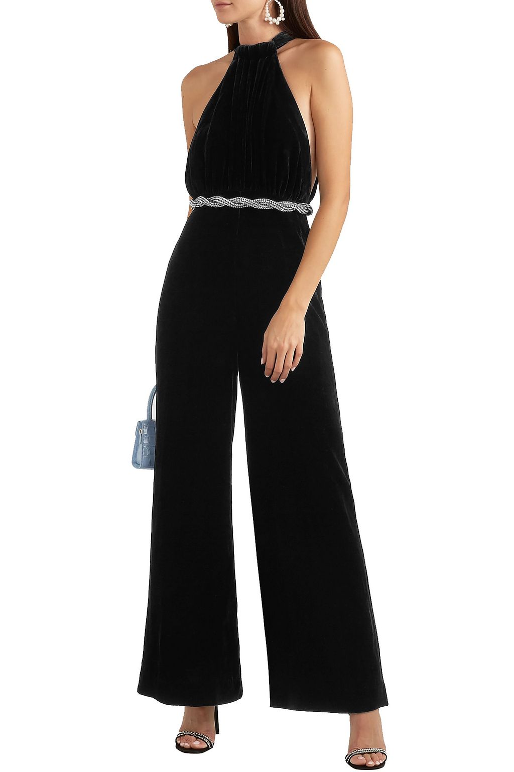 ROTATE BIRGER CHRISTENSEN Tie-neck velvet wide-leg jumpsuit