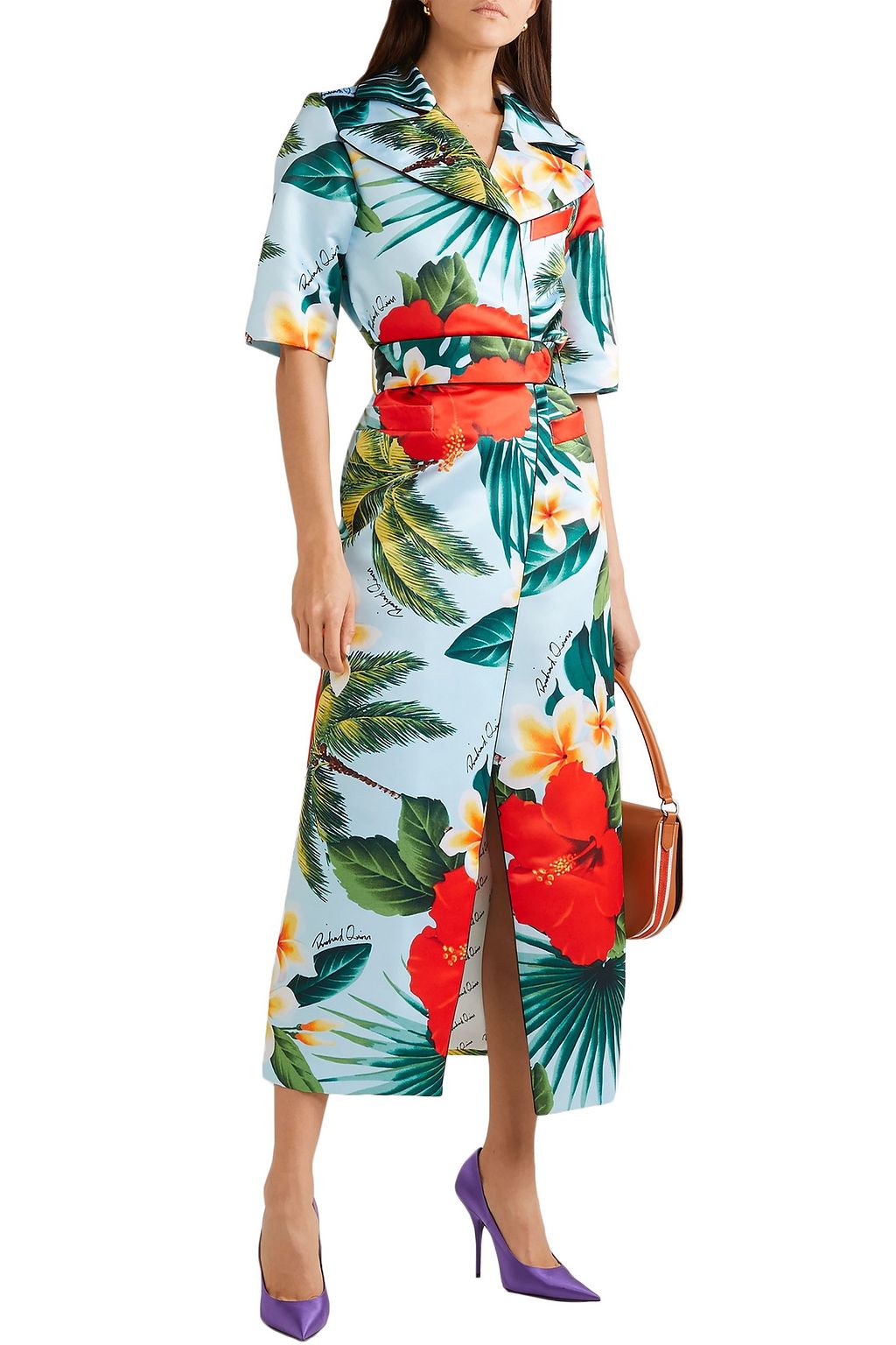 RICHARD QUINN Belted printed duchesse-satin midi dress