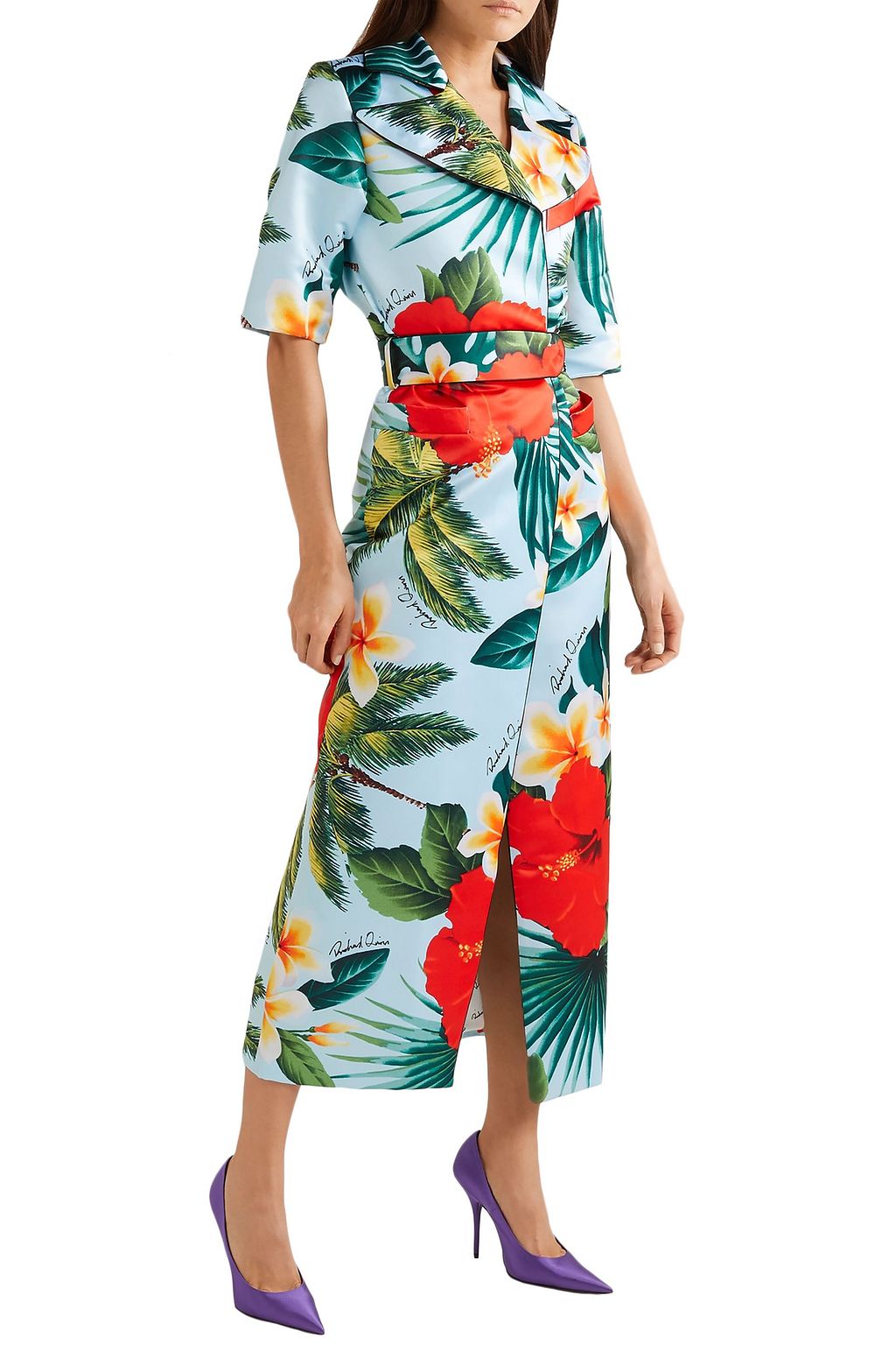 RICHARD QUINN Belted printed duchesse-satin midi dress