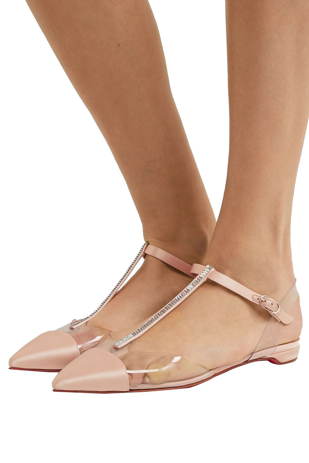 CHRISTIAN LOUBOUTIN Crystal-embellished satin and PVC point-toe flats