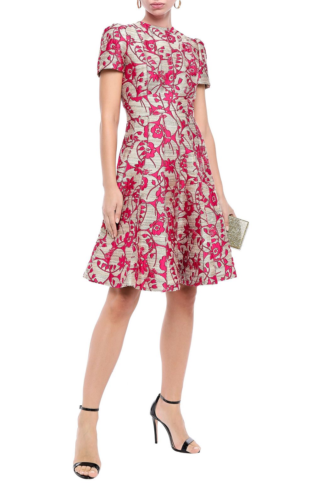VALENTINO GARAVANI フローラルジャカード フレアミニワンピース メタリック