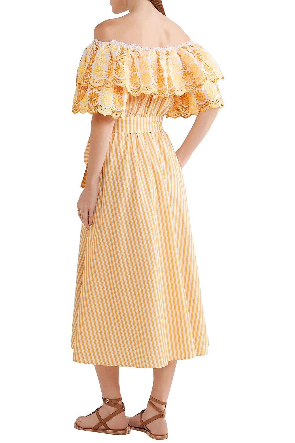 GÜL HÜRGEL Off-the-shoulder ruffled striped cotton and linen-blend midi dress