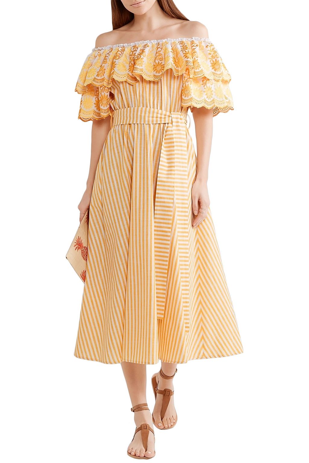 GÜL HÜRGEL Off-the-shoulder ruffled striped cotton and linen-blend midi dress