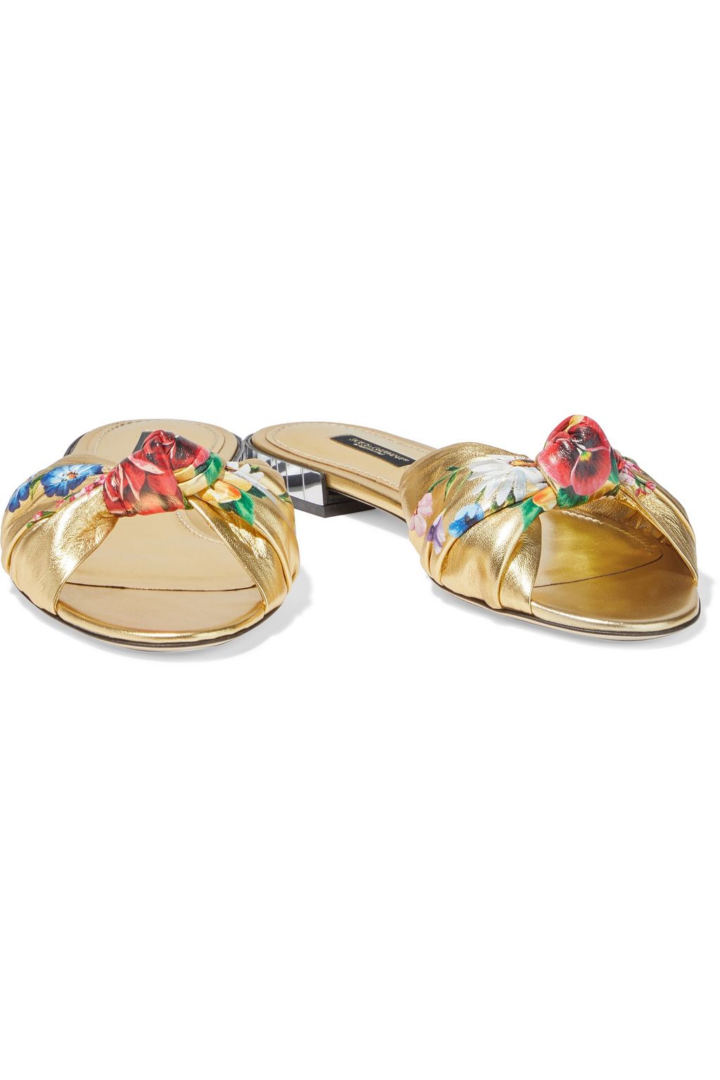 DOLCE&GABBANA Knotted floral-print metallic leather slides