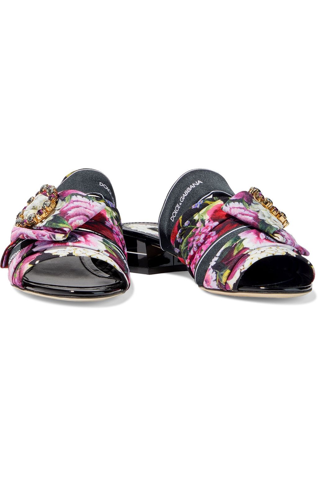 DOLCE&GABBANA Embellished pleated floral-print crepe mules