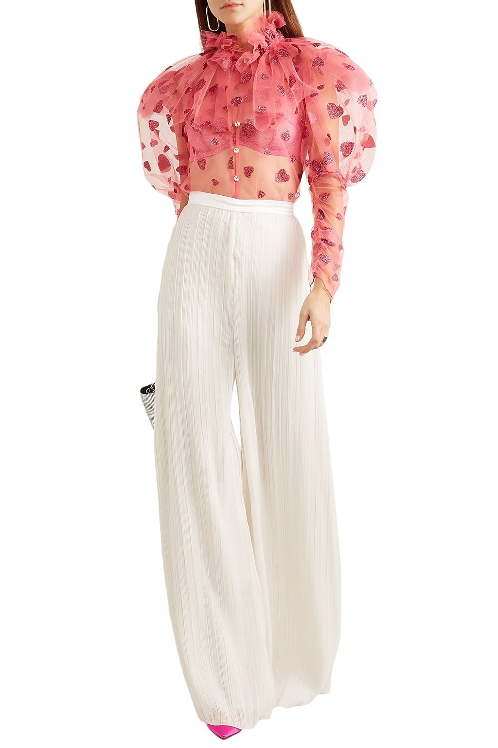 RODARTE Satin-trimmed plissé-lamé wide-leg pants
