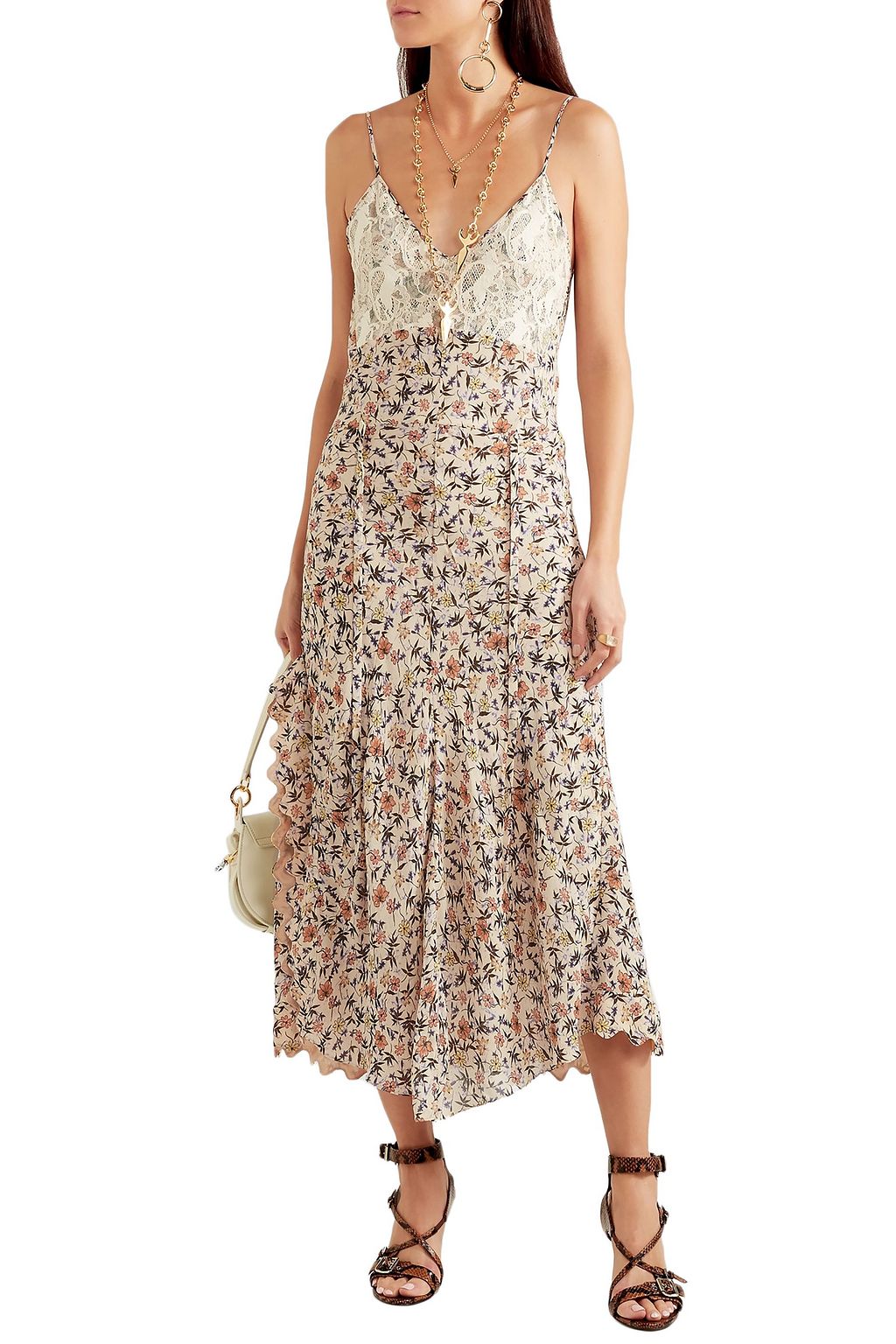 CHLOÉ Belted lace-trimmed floral-print crepe midi dress